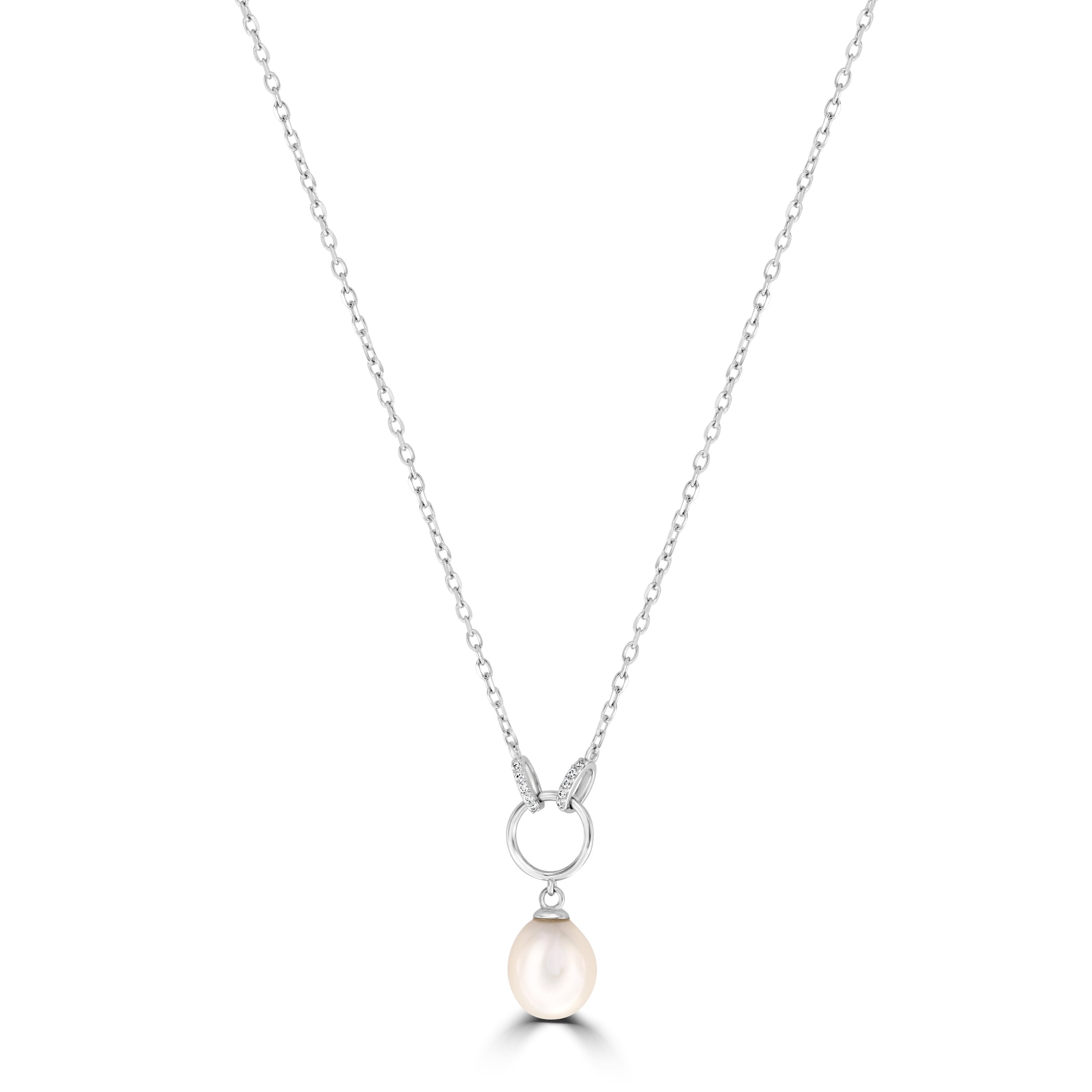 Sterling Silver Necklace With 9-9.5mm Drop Shape Freshwater Pearl & Cubic Zirconia (6624744669348) (7077459361956)