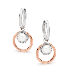 Ikecho Sterling Silver & Rose Gold Plated Fresh Water Pearl CZ Huggy Earrings