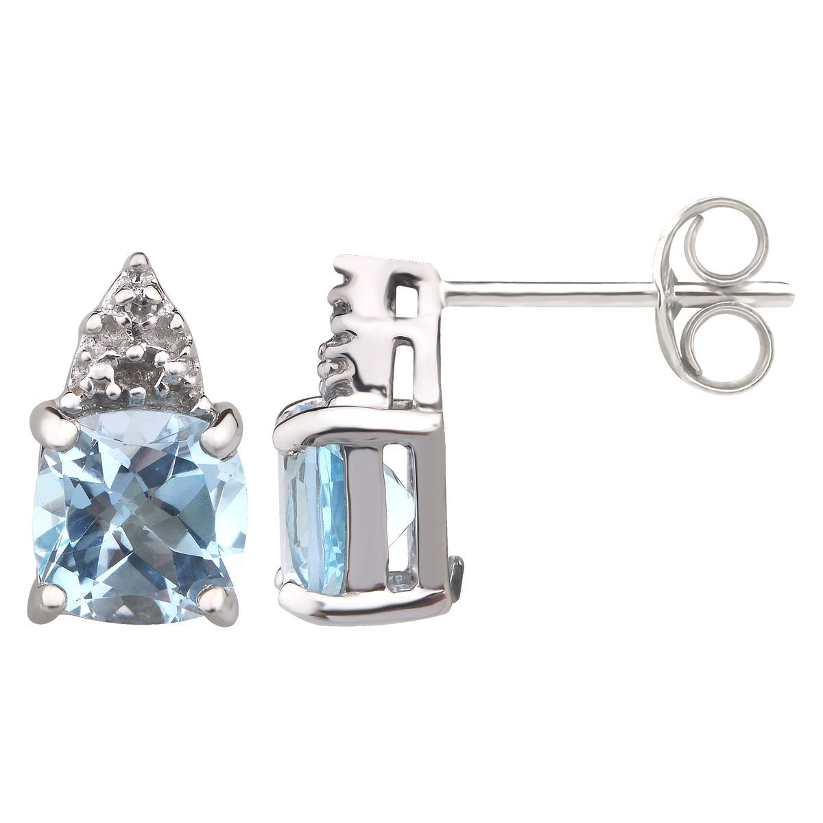 Sterling Silver Blue Topaz (Cushion 6X6) & Diamond (Tdw=0.006ct) Earrings (5853073080484) (7077476958372)