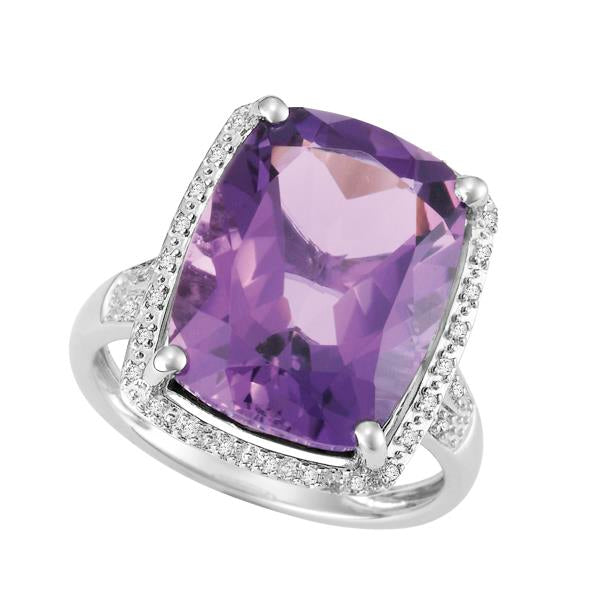 9ct White Gold Cushion Amethyst and  Round Brilliant-cut Diamond Ring