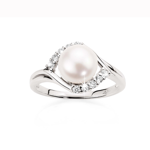 Sterling Silver White Freshwater Pearl And Cubic Zirconia Ring