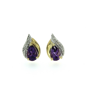 9ct Gold Natural Amethyst And Diamond Flame Stud Earrings