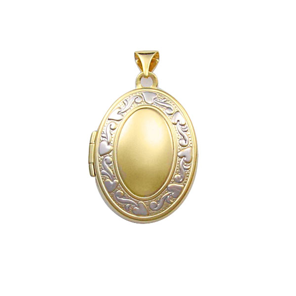 Gold 2 Tone 21mm Oval Polished Locket With Embossed Border Edge