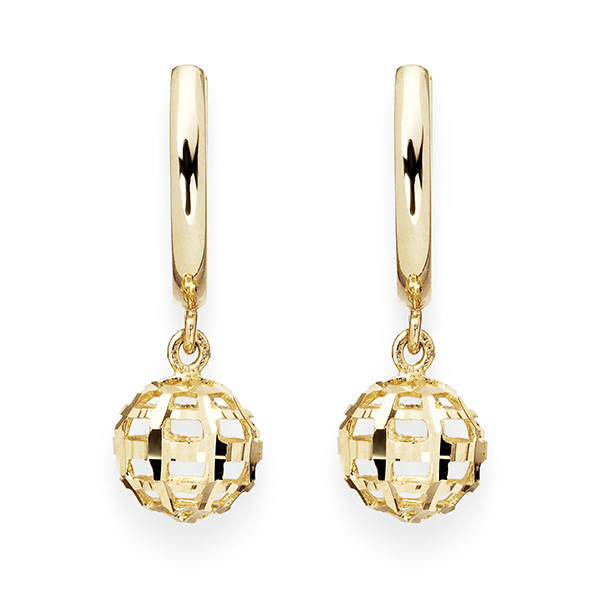 9ct Gold Diamond Cut Ball Huggie Drop Earrings