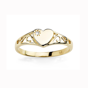 9ct Gold Heart Signet Ring With Filigree Shoulders. Set With Cubic Zirconia. Suitable For Engraving.