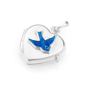 Sterling Silver Heart-Shape Hinged Locket With Enamelled Bluebird