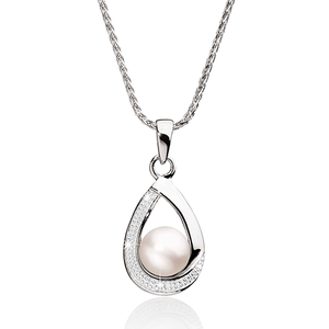 Sterling Silver Pearl & Pave Diamond Pear Shaped Pendant