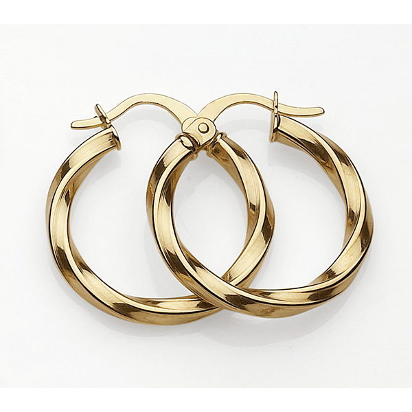 9ct Gold 15mm Diameter Ribbon Twist Hoop Earrings