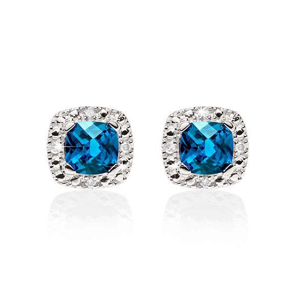 9ct White Gold Cushion Cut London Blue Topaz With Pave Diamond Surround Earrings