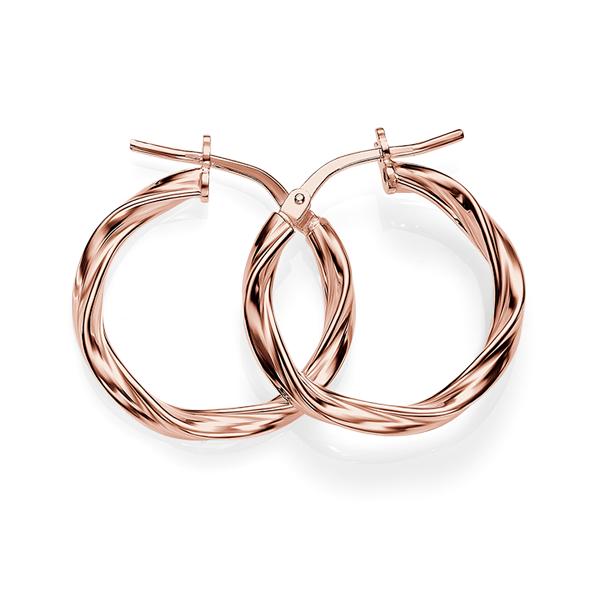 Sterling Silver Rose Gold Plated 2mm Wide 15mm Diameter Ribbon Twist Hoops