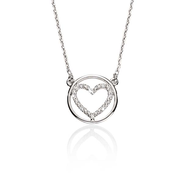 Sterling Silver 0.02ct Pave Diamond Heart With Polished Circle Pendant
