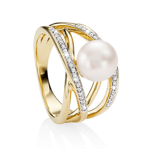 9ct Yellow Gold 4 Bar Crossover Pave 0.15ct Diamond And Pearl Dress Ring (Ij P1)