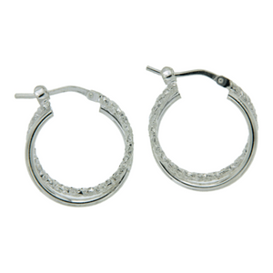 Sterling Silver 15mm Double Tube Polished/Diamond Cut Hoop Earrings