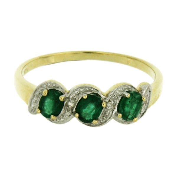 Claw Set 3 Stone Oval Emerald & Pave Diamond Ring