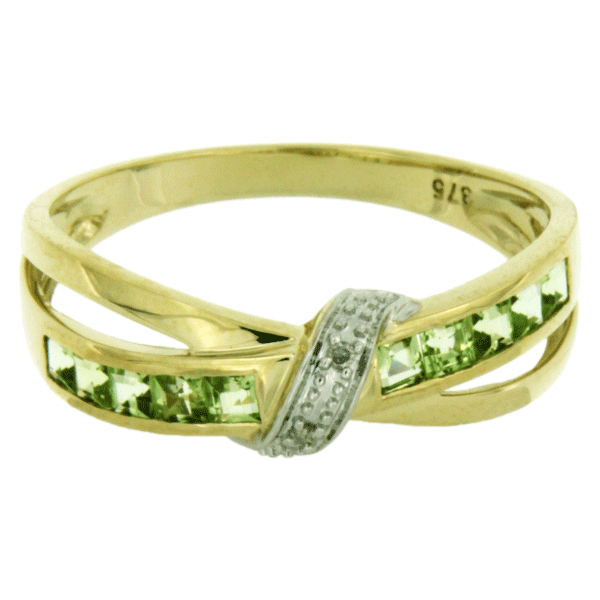 Gold Peridot And Diamond Crossover Ring