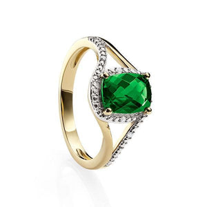 9ct Yellow Gold Created Emerald (6X8mm Cushion Cut) & Diamond Set Halo Ring With Split Shoulders