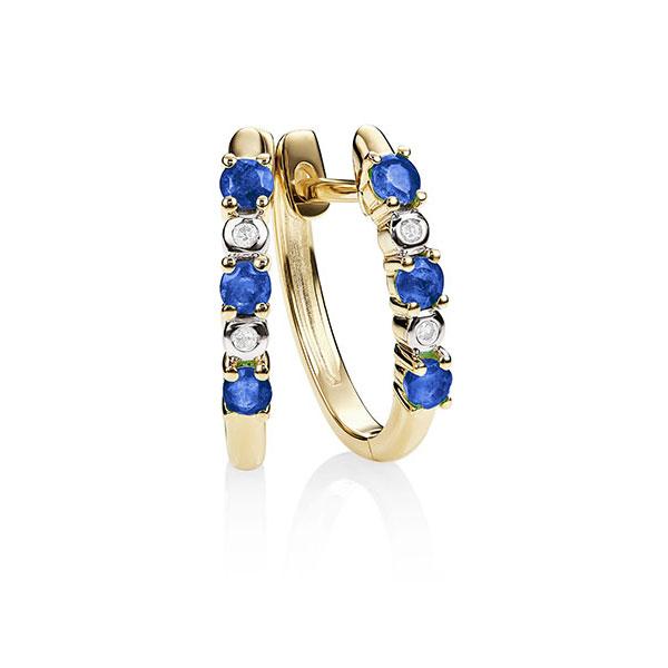 9ct Yellow Gold Claw Set Created Sapphire And Bezel Set Diamond Huggie Earrings