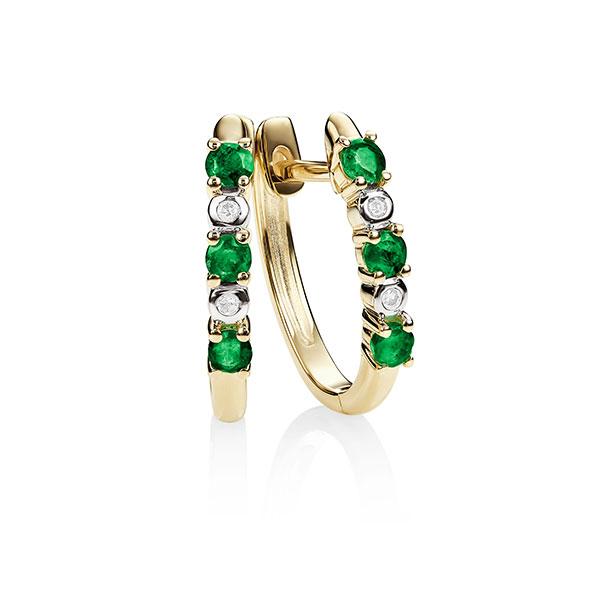 9ct Yellow Gold Claw Set Created Emerald And Bezel Set Diamond Huggie Earrings