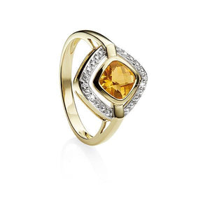 9ct Yellow Gold 6mm Cushion Citrine & Diamond Ring