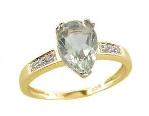 9ct Yellow Gold Green Amethyst (Pear 6X9mm) & Diamond 0.03ct Ring