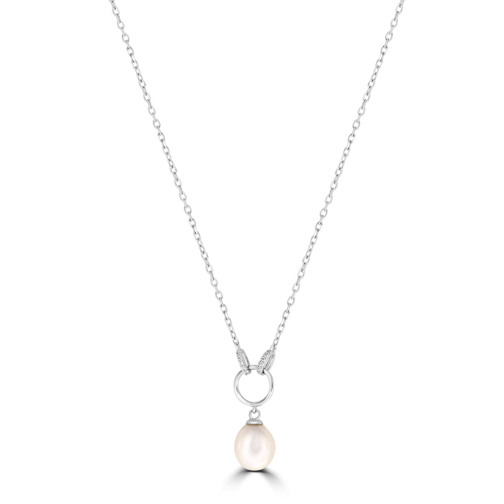 Sterling Silver Necklace With 9-9.5mm Drop Shape Freshwater Pearl & Cubic Zirconia (6624744669348) (7077459361956)