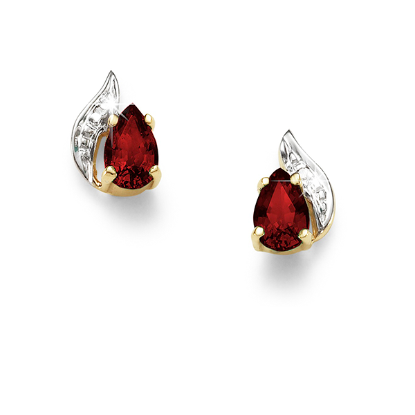 9ct Gold Pear-Shape Natural Garnet And Diamond Flame Stud Earrings