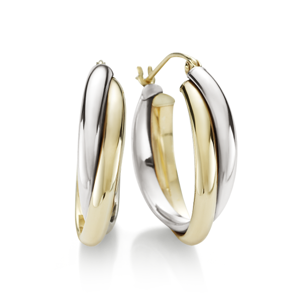 9ct Gold-Bonded Silver Yellow & White 2-Row Rusterling Silverian Hoop Earrings