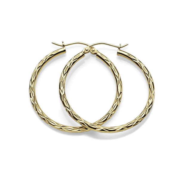 9ct Gold Bonded Silver 25mm Diameter Diamond Cut Hoop Earrings