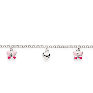 Sterling Silver Baby Belcher Bracelet With Polished Hearts & Pink Enamel Butterflies