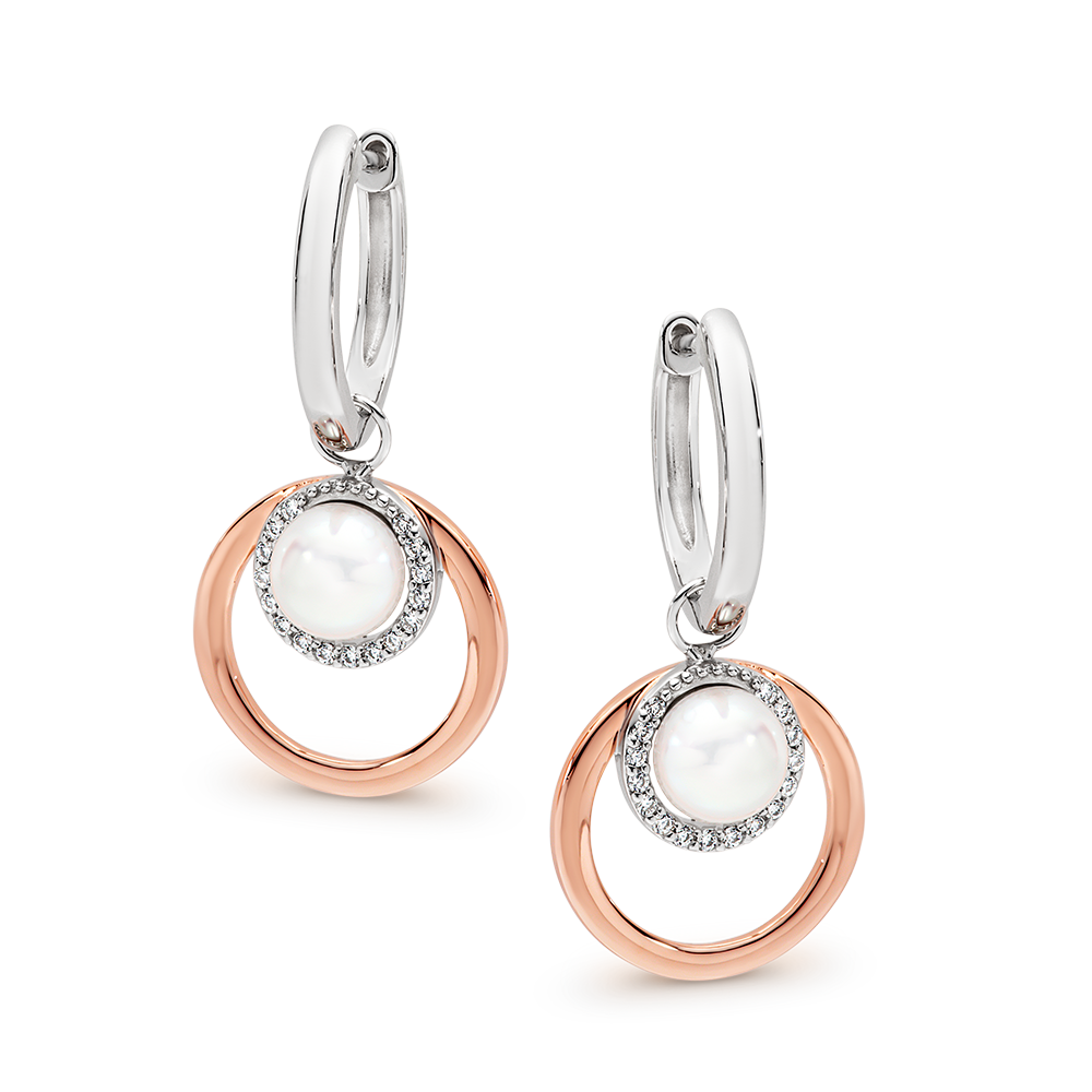 Ikecho Sterling Silver & Rose Gold Plated Fresh Water Pearl CZ Huggy Earrings