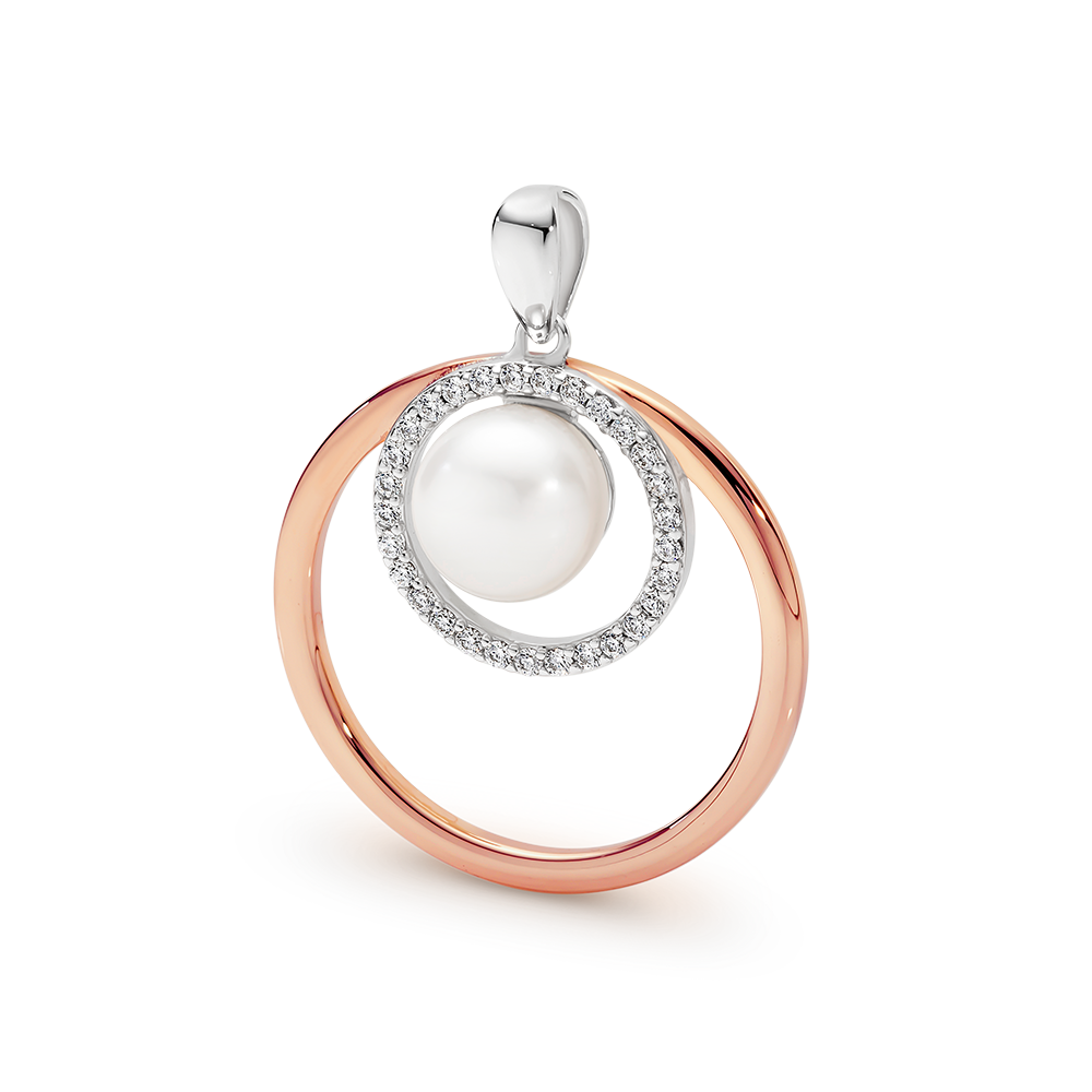 Ikecho Sterling Silver & Rose Gold Plated Fresh Water Pearl CZ Pendant