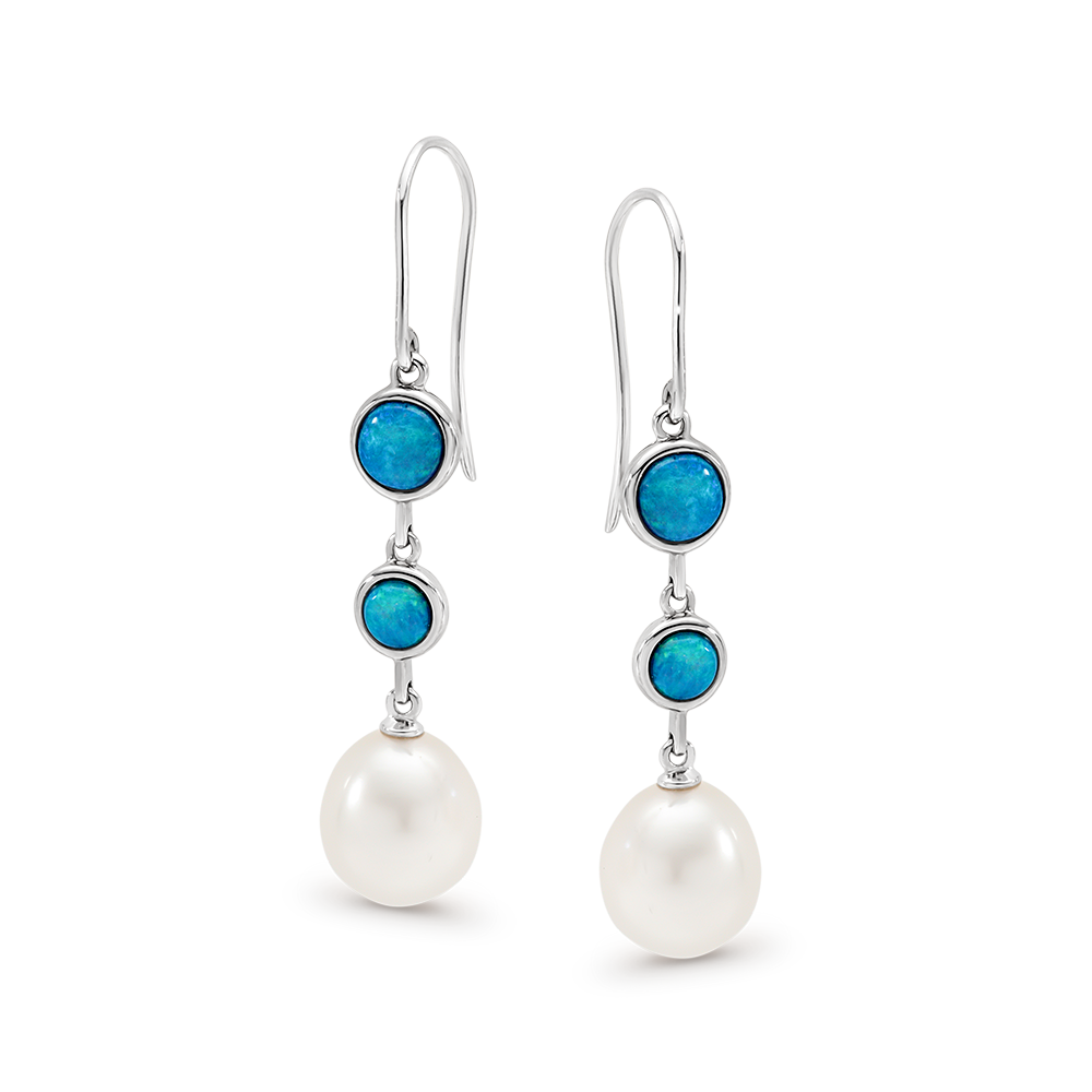 Ikecho Sterling Silver Light Solid Opal with Fresh Water Pearl Hook Earrings