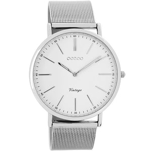 OOZOO Watch 40mm silver case / silver on white / silver mesh