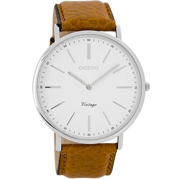 OOZOO Watch 44mm silver on white/cognac (tan)