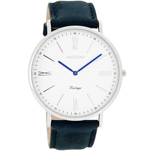 OOZOO Watch 44mm silver with blue hands/denim coloured leather