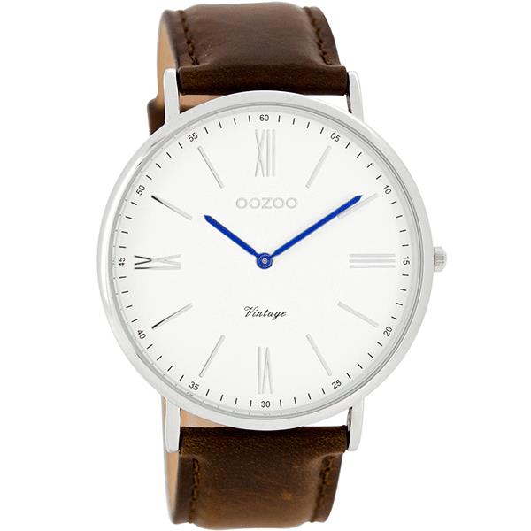 OOZOO Watch 44mm  silver with blue hands on white / brown