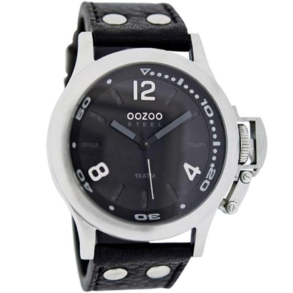 OOZOO Watch 46mm matt silv (10ATM)/grey on 'carbon' grey/blk leather