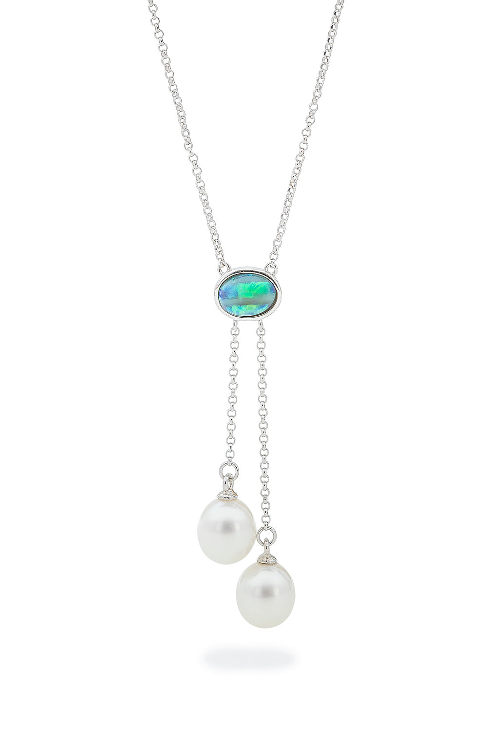 Ikecho Sterling Silver Light Solid Opal & Fresh Water Pearl Lariat Necklace
