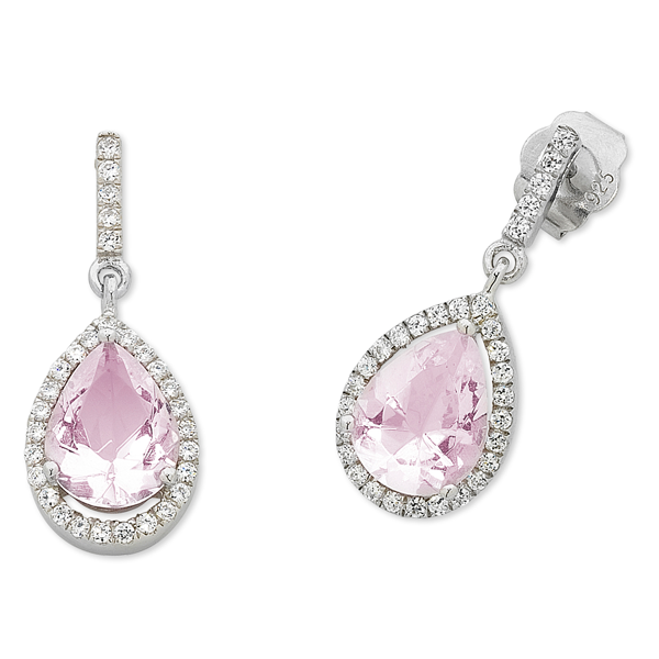 Sterling Silver Cubic Zirconia Pink Crystal Drop Earrings