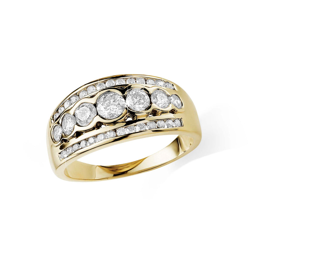 MP3951 9ct YG 1.00ct TDW diamond three row dome ring with bezel and channel setting. (HI/P12)